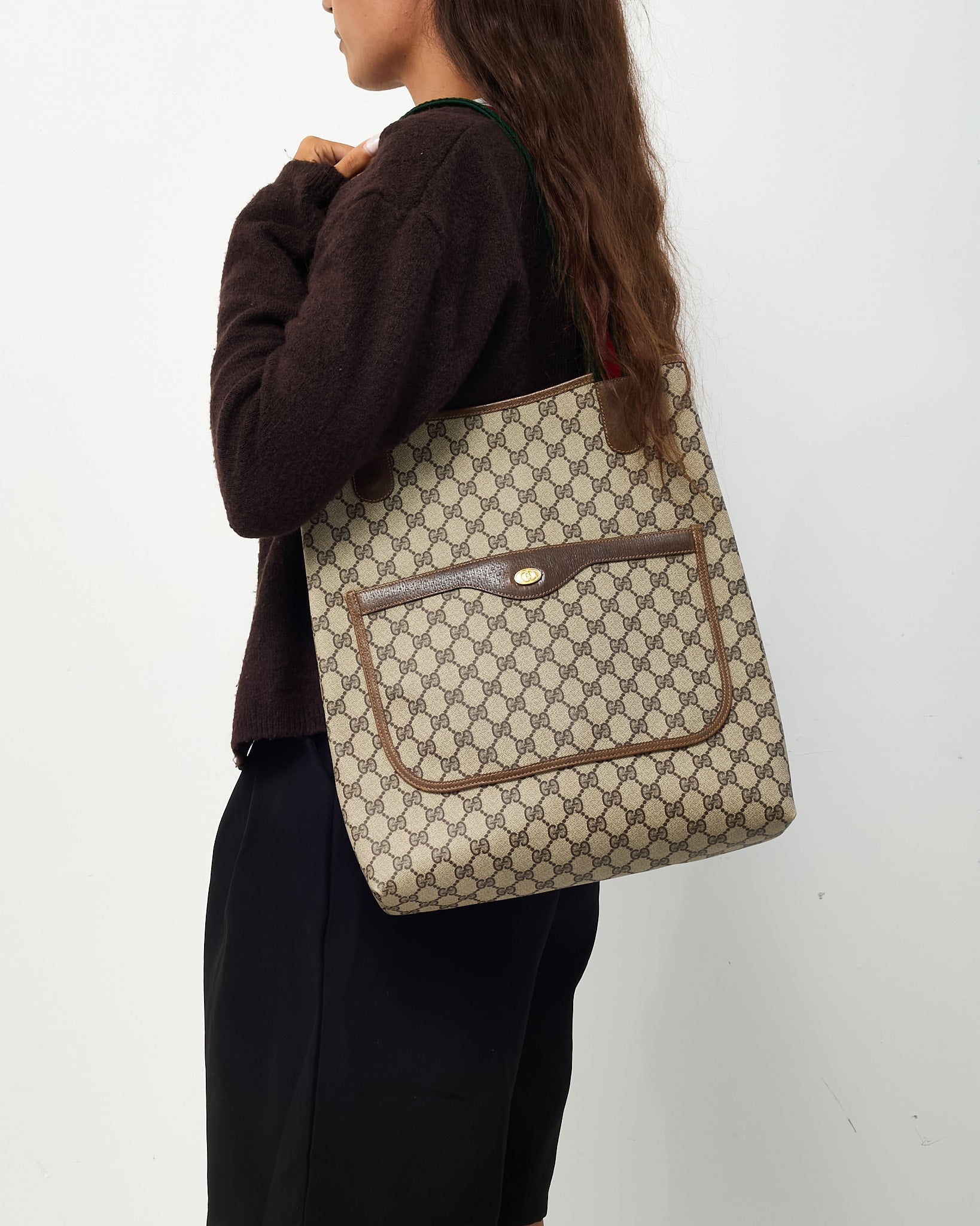 Gucci Vintage Beige and Brown GG Monogram Plus Coated Canvas Sherry Line Shopping Tote