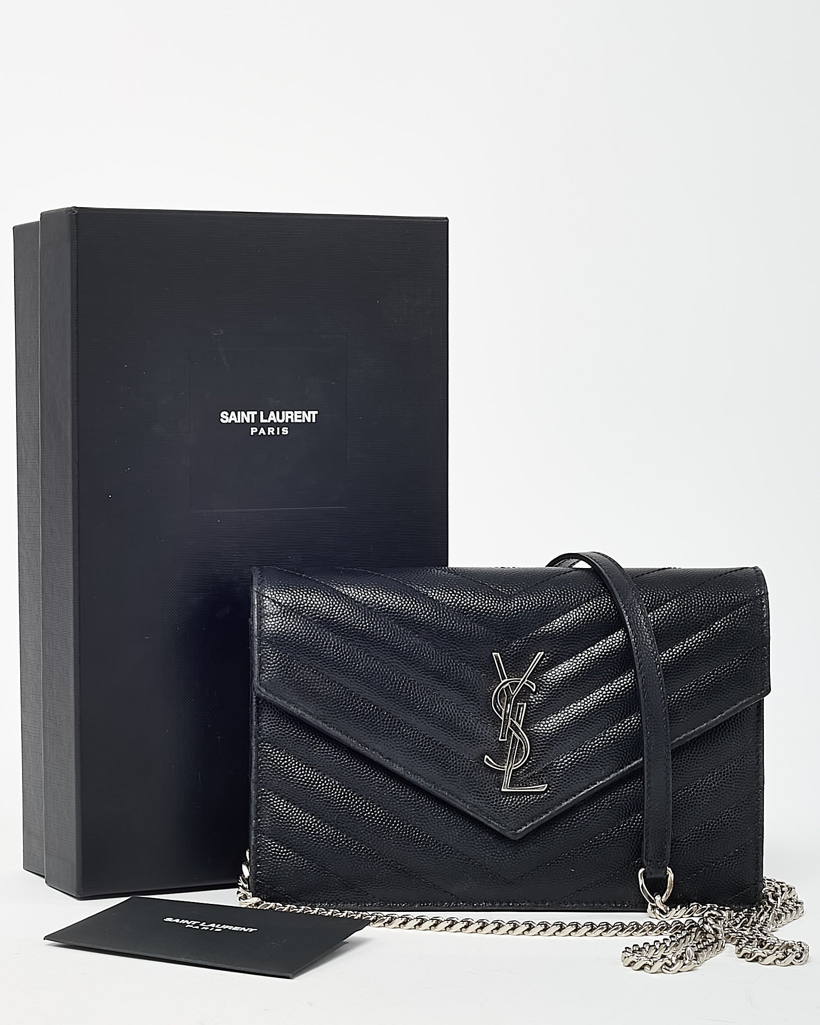Saint Laurent Black Grain de Poudre Leather Classic YSL Cassandre Chain Wallet Crossbody SHW