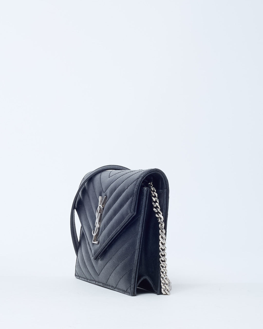 Saint Laurent Black Grain de Poudre Leather Classic YSL Cassandre Chain Wallet Crossbody SHW