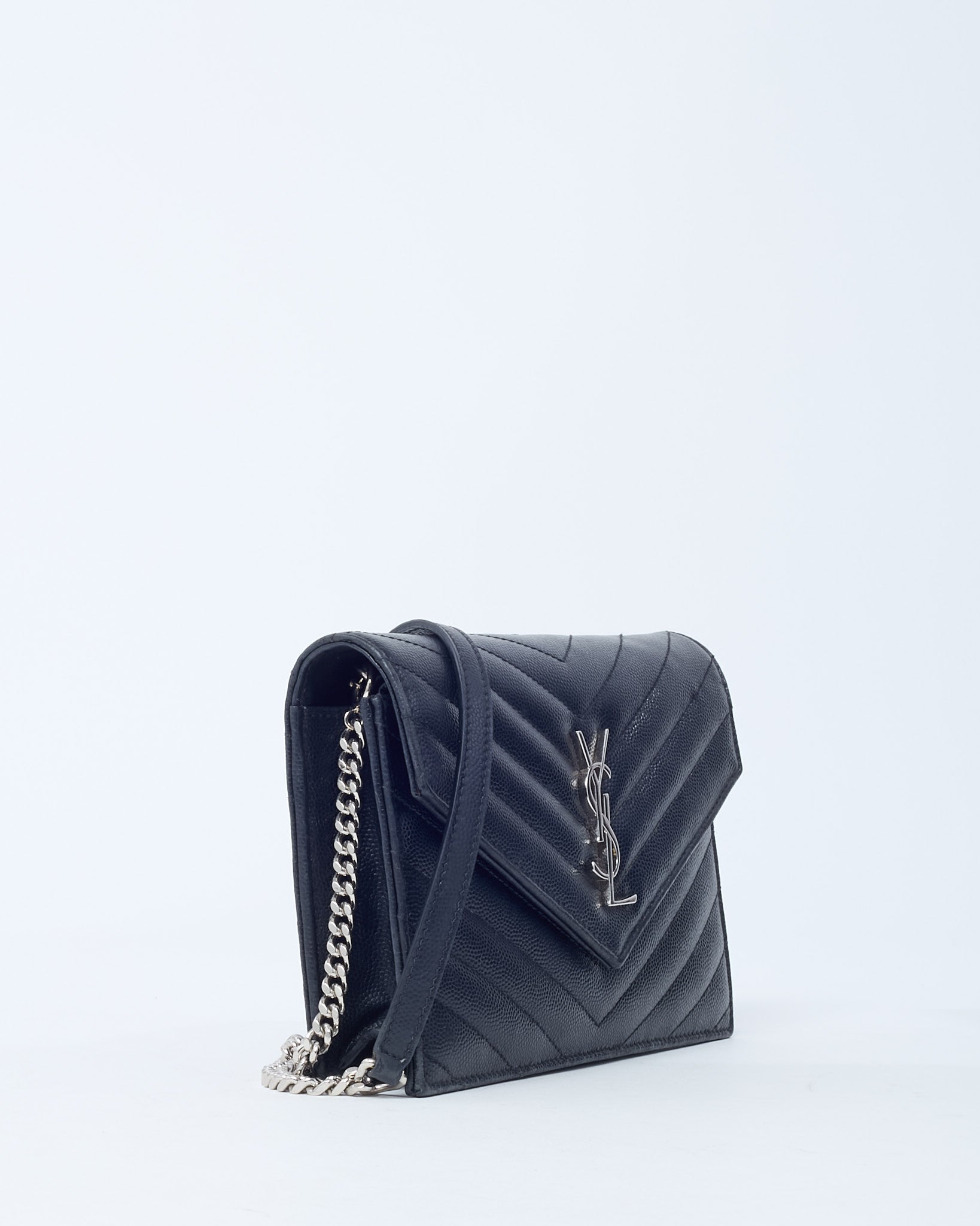 Saint Laurent Black Grain de Poudre Leather Classic YSL Cassandre Chain Wallet Crossbody SHW