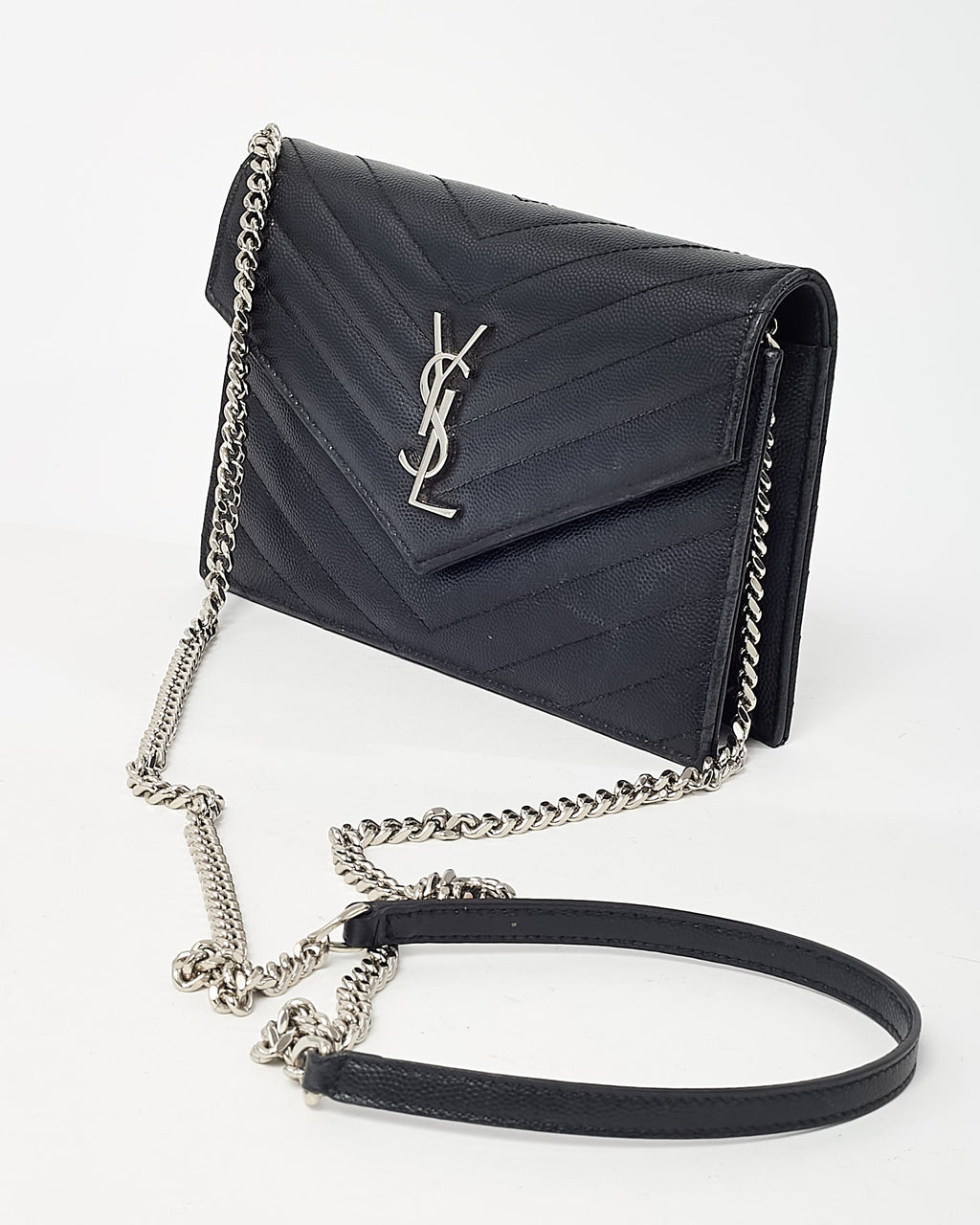 Saint Laurent Black Grain de Poudre Leather Classic YSL Cassandre Chain Wallet Crossbody SHW