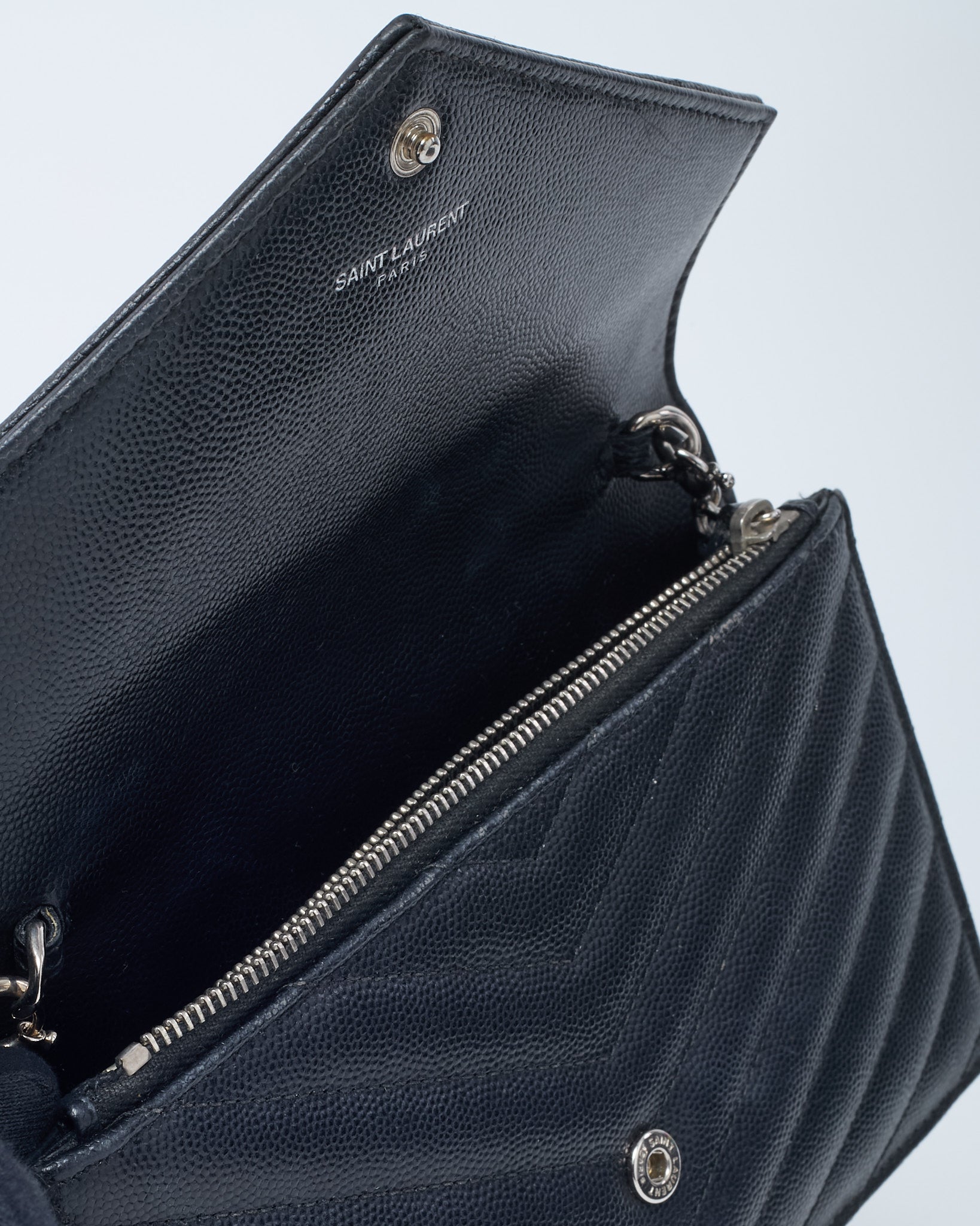 Saint Laurent Black Grain de Poudre Leather Classic YSL Cassandre Chain Wallet Crossbody SHW