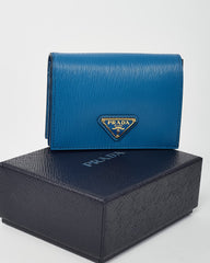 Prada Blue Vitello Move Tr Leather Triangle Logo Compact Wallet