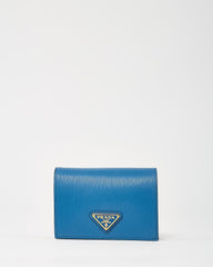Prada Blue Vitello Move Tr Leather Triangle Logo Compact Wallet