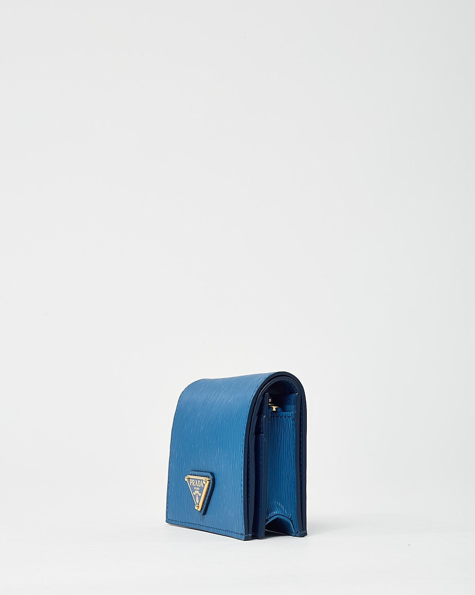 Prada Blue Vitello Move Tr Leather Triangle Logo Compact Wallet