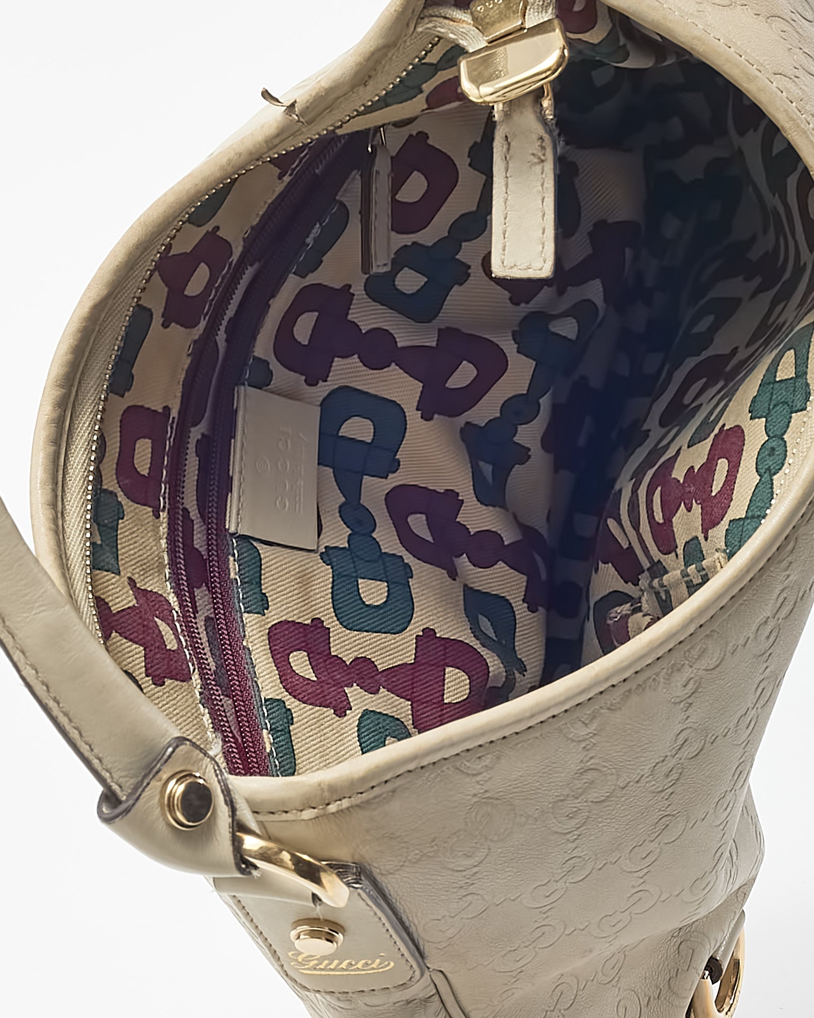 Gucci Light Grey GG Monogram Guccissima Embossed Leather Abbey D-Ring Shoulder Bag