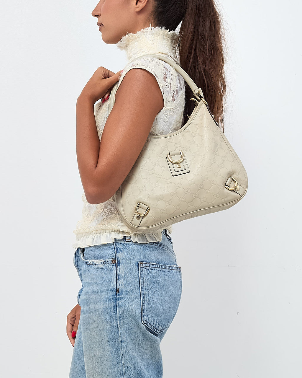 Gucci Light Grey GG Monogram Guccissima Embossed Leather Abbey D-Ring Shoulder Bag