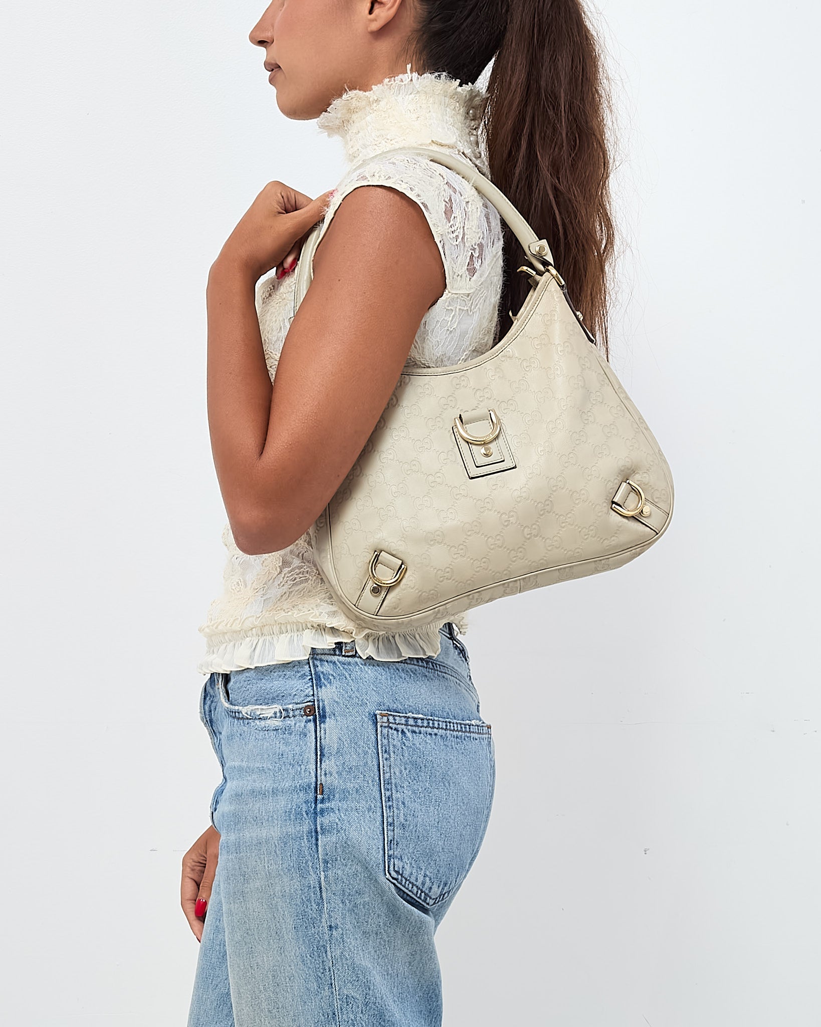 Gucci Light Grey GG Monogram Guccissima Embossed Leather Abbey D-Ring Shoulder Bag