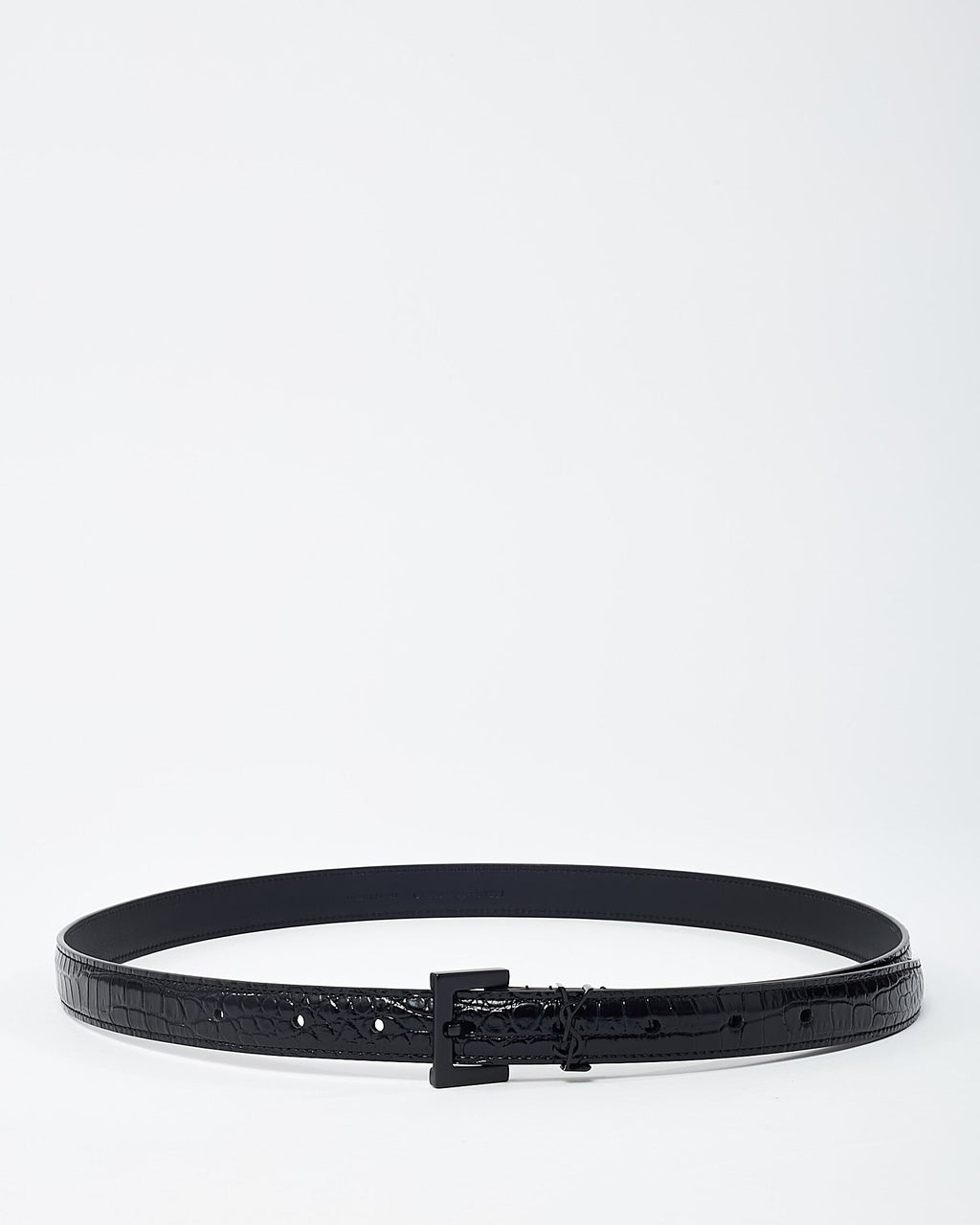 Saint Laurent Black Shiny Croc Embossed Leather Black YSL Logo Cassandre Thin Belt - 80