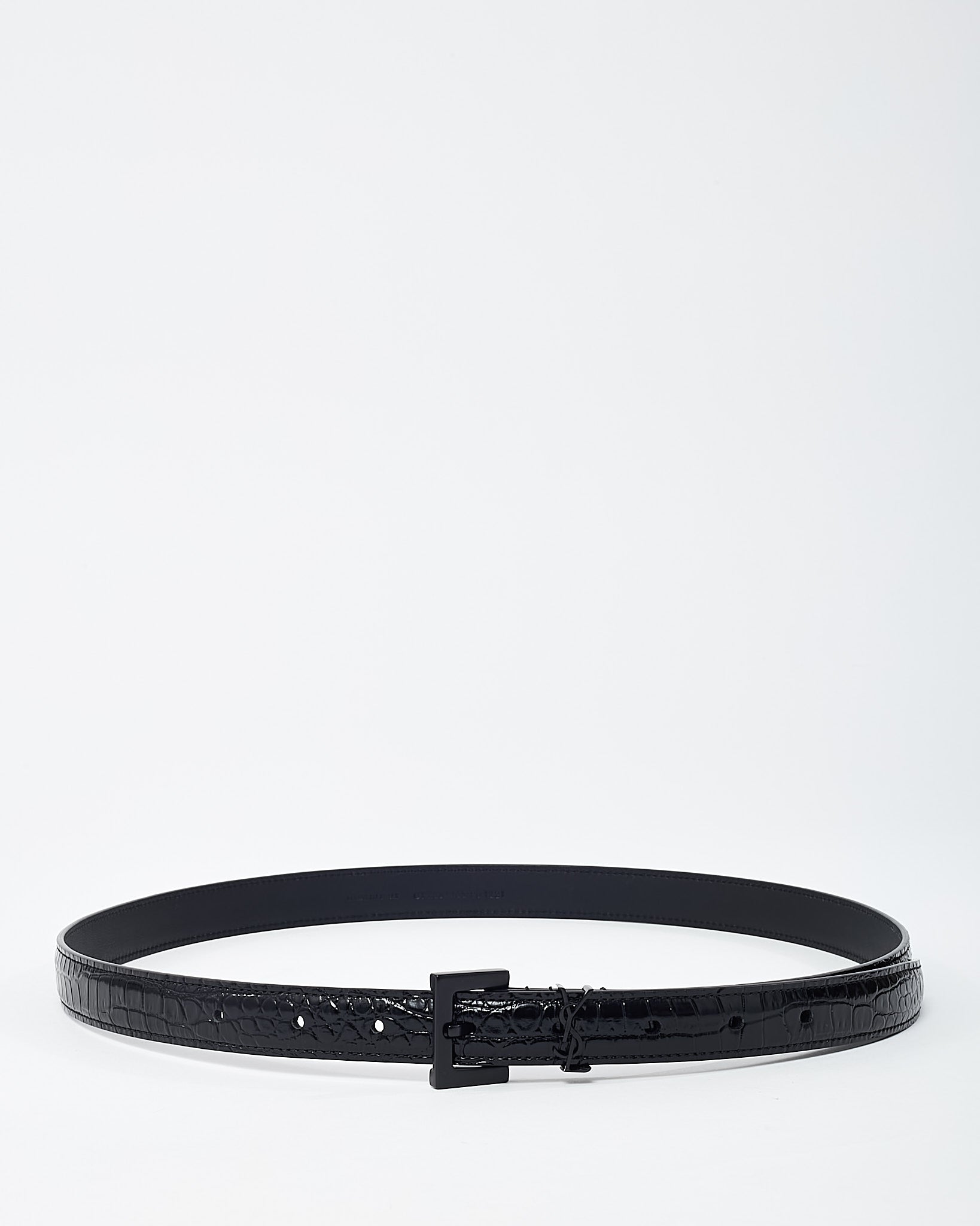 Saint Laurent Black Shiny Croc Embossed Leather Black YSL Logo Cassandre Thin Belt - 80