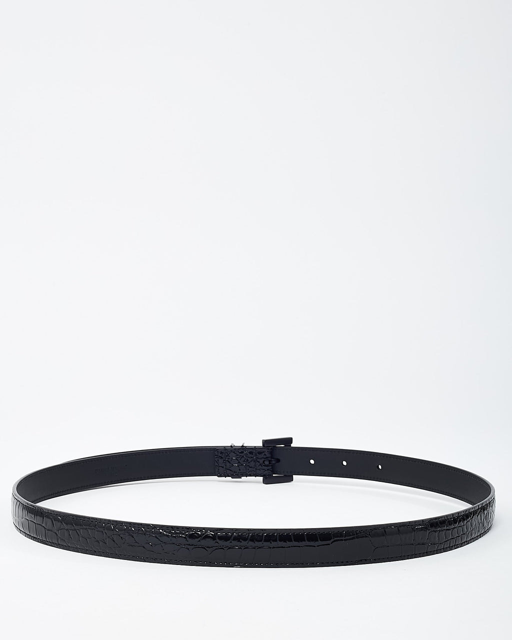 Saint Laurent Black Shiny Croc Embossed Leather Black YSL Logo Cassandre Thin Belt - 80