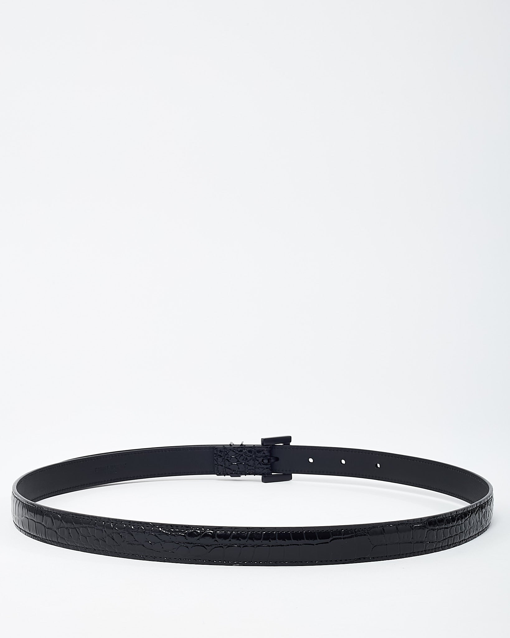 Saint Laurent Black Shiny Croc Embossed Leather Black YSL Logo Cassandre Thin Belt - 80