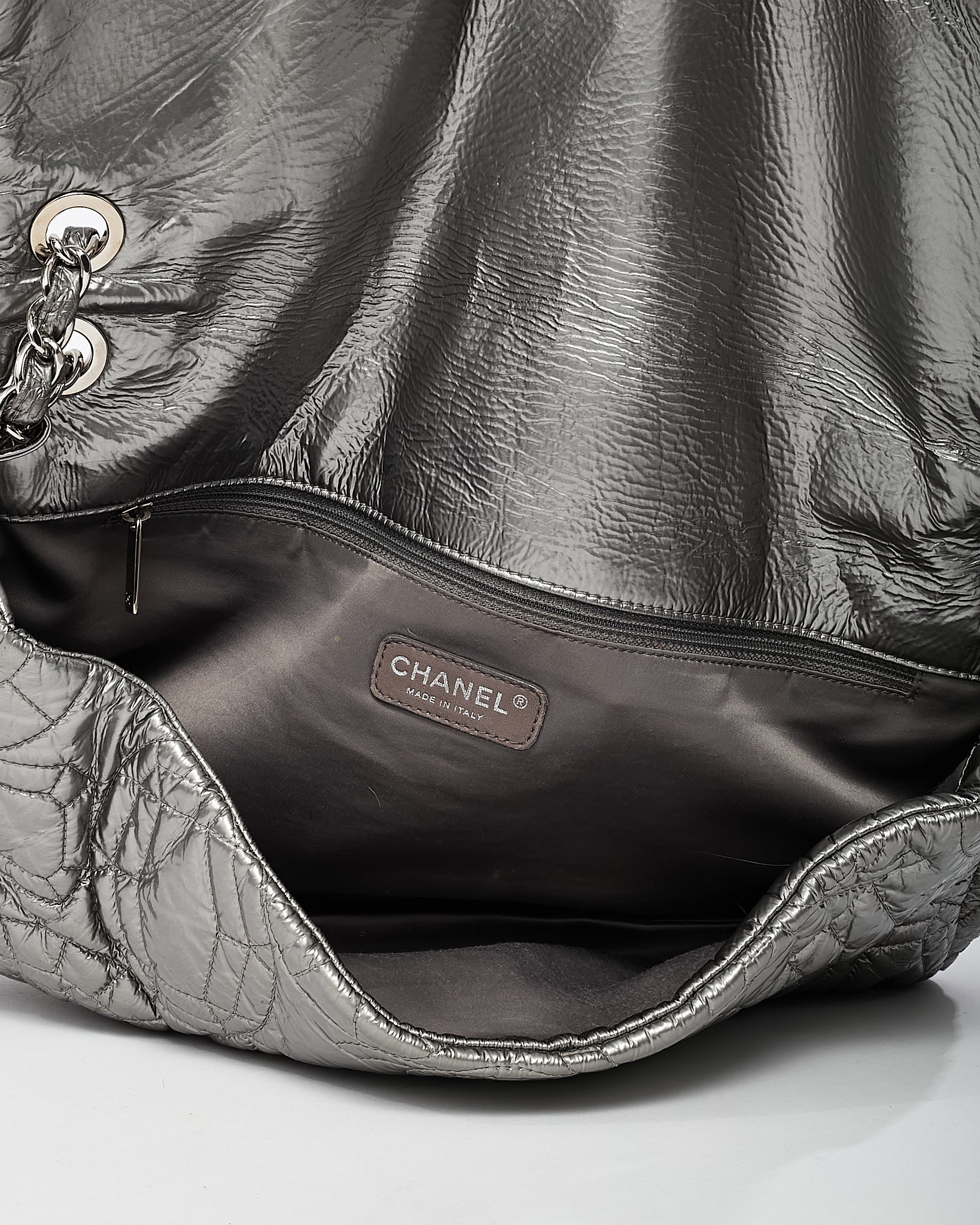 Chanel Silver Vinyl Graphic Edge Camellia Flower Accordion Flap Bag SHW