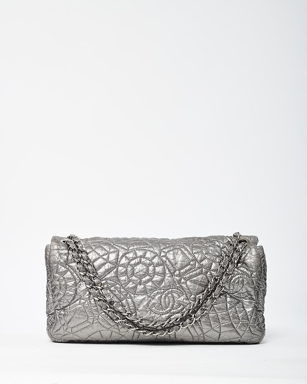 Chanel Silver Vinyl Graphic Edge Camellia Flower Accordion Flap Bag SHW