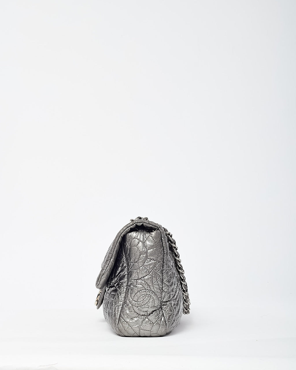 Chanel Silver Vinyl Graphic Edge Camellia Flower Accordion Flap Bag SHW