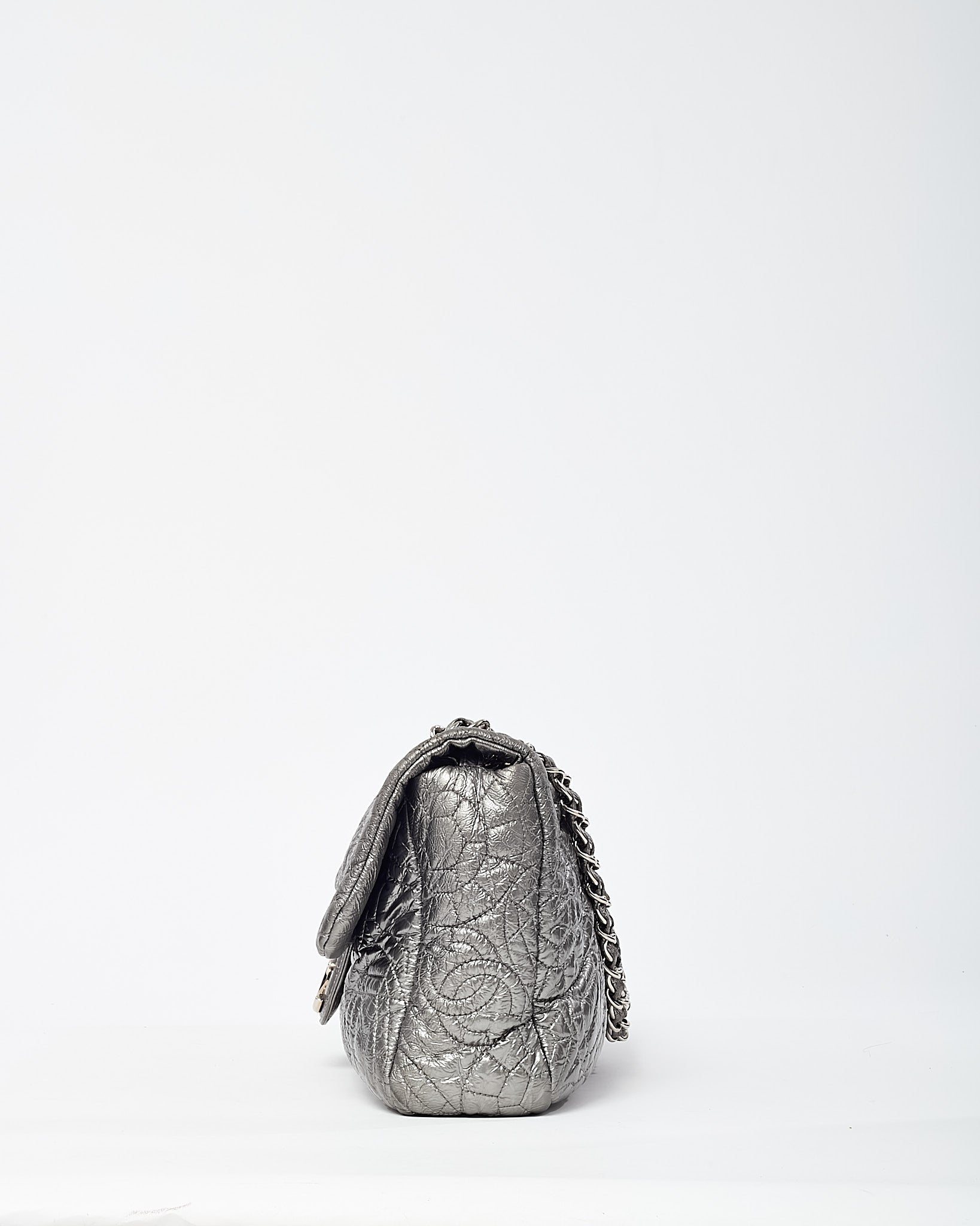 Chanel Silver Vinyl Graphic Edge Camellia Flower Accordion Flap Bag SHW