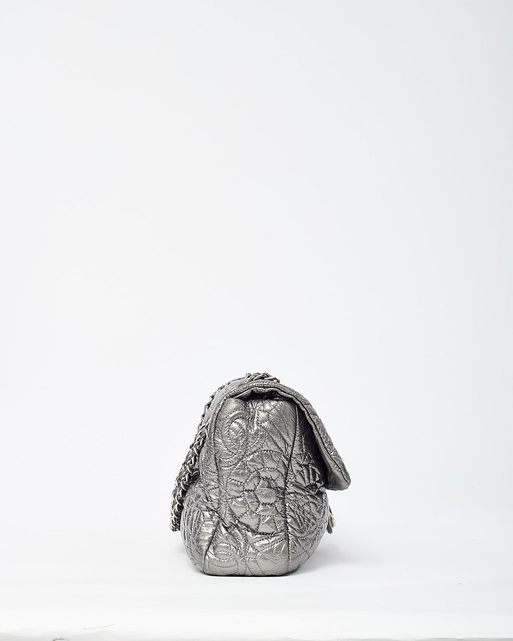 Chanel Silver Vinyl Graphic Edge Camellia Flower Accordion Flap Bag SHW