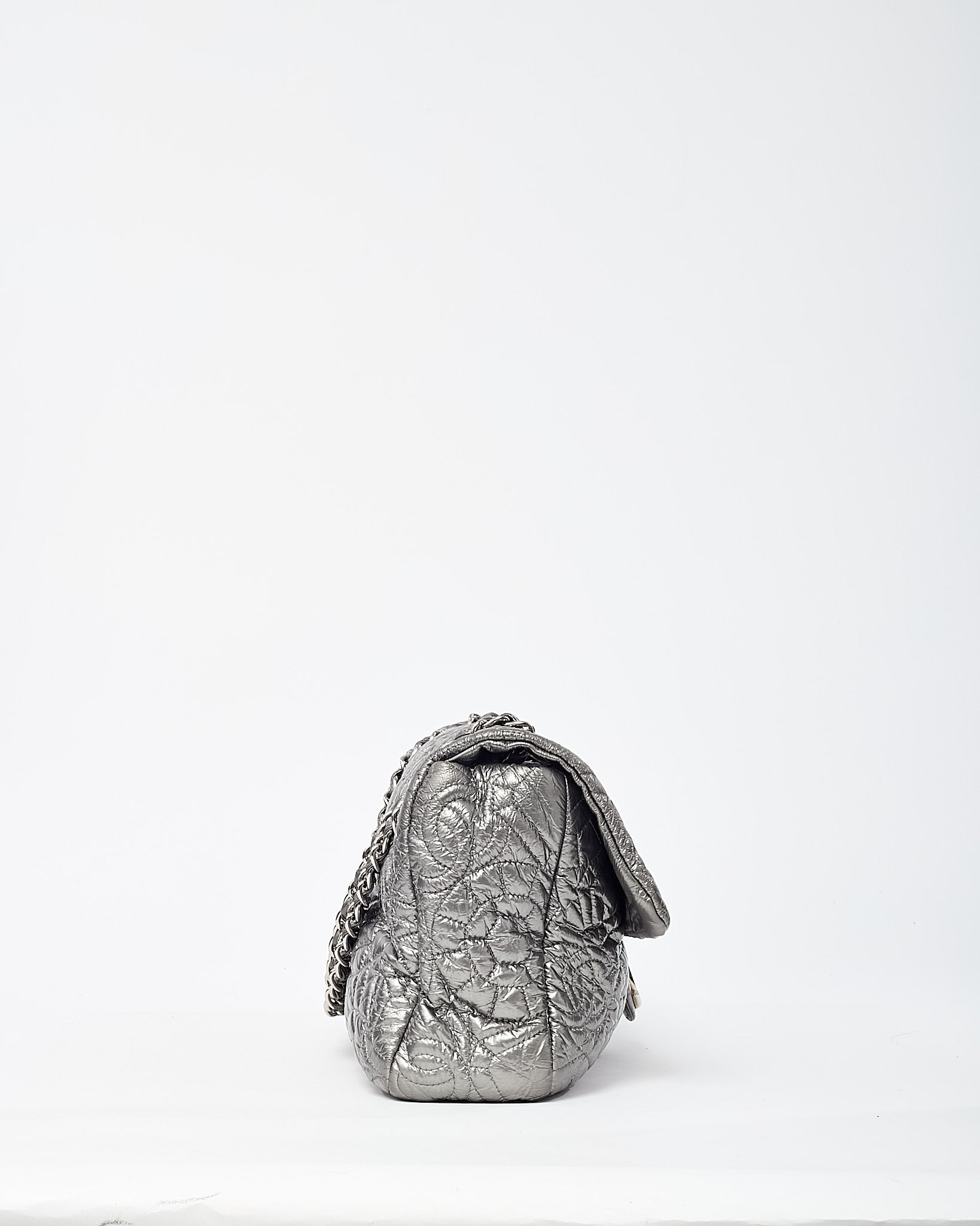 Chanel Silver Vinyl Graphic Edge Camellia Flower Accordion Flap Bag SHW