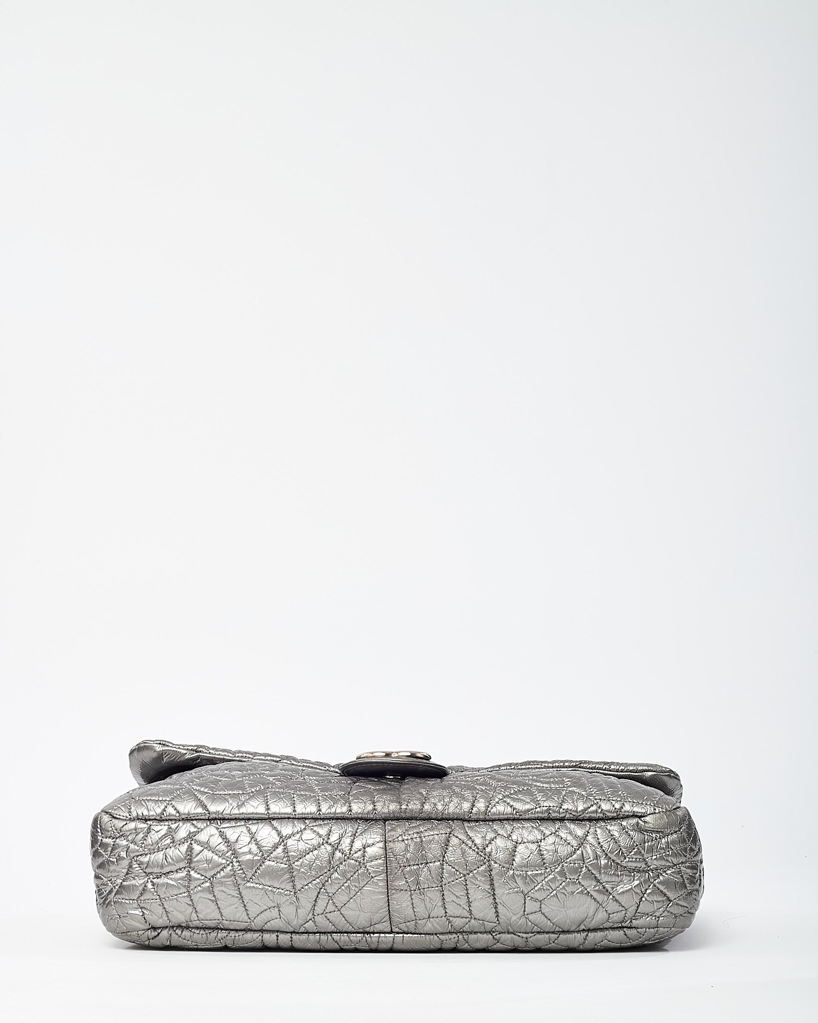 Chanel Silver Vinyl Graphic Edge Camellia Flower Accordion Flap Bag SHW