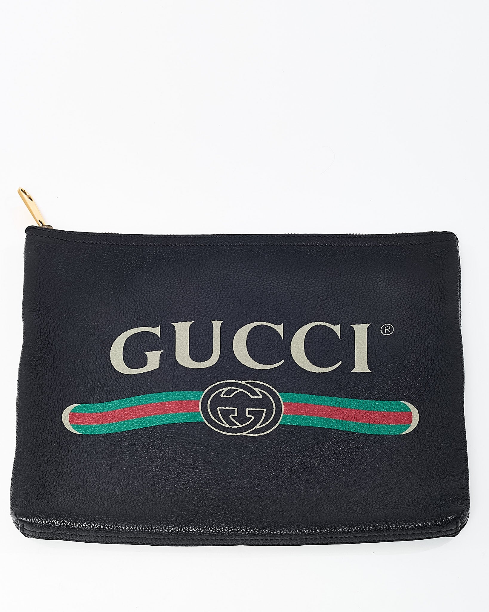 Gucci Black Leather Logo With Green & Red Web Portfolio Clutch