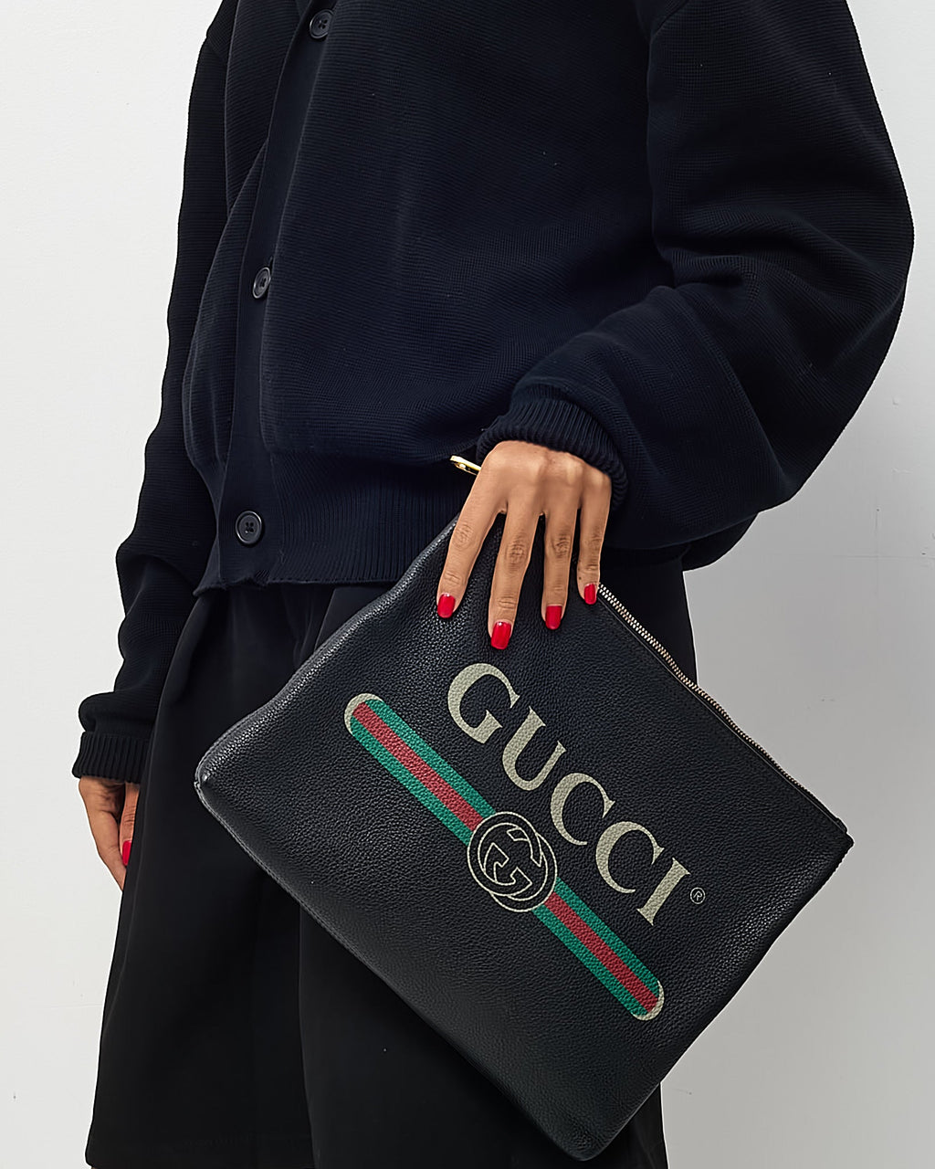 Gucci Black Leather Logo With Green & Red Web Portfolio Clutch