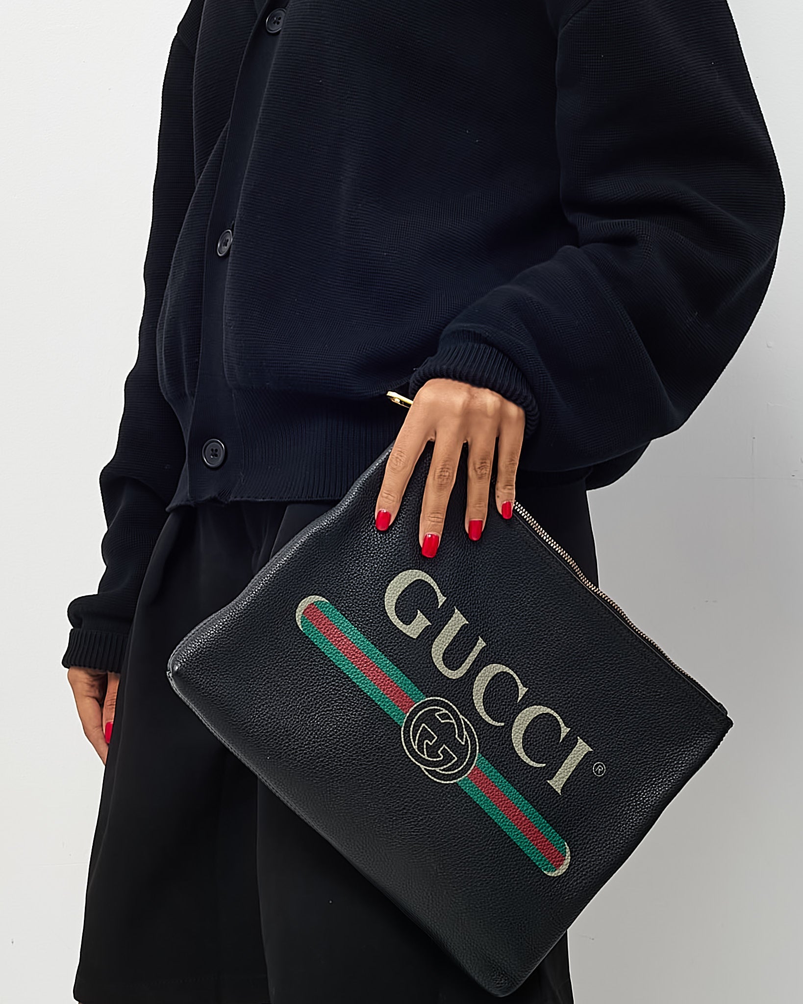 Gucci Black Leather Logo With Green & Red Web Portfolio Clutch