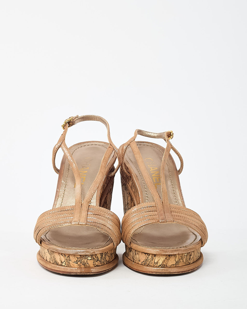 Chanel Beige Lame Leather CC Logo Cork Heel Strappy Sandals - 38.5