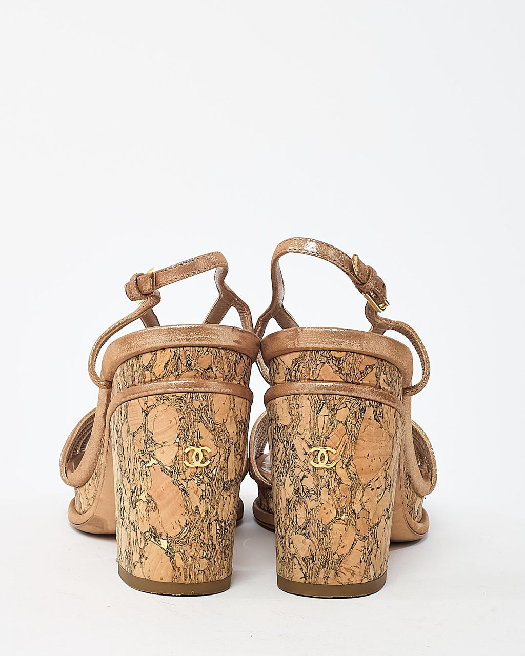 Chanel Beige Lame Leather CC Logo Cork Heel Strappy Sandals - 38.5