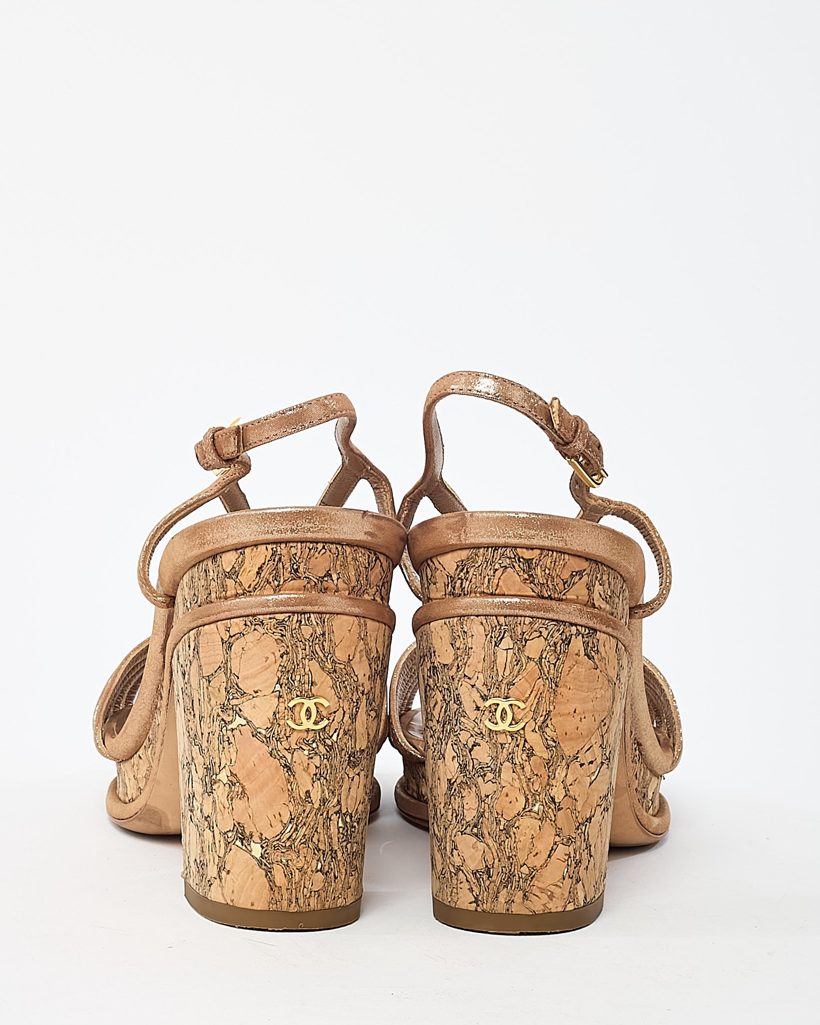 Chanel Beige Lame Leather CC Logo Cork Heel Strappy Sandals - 38.5