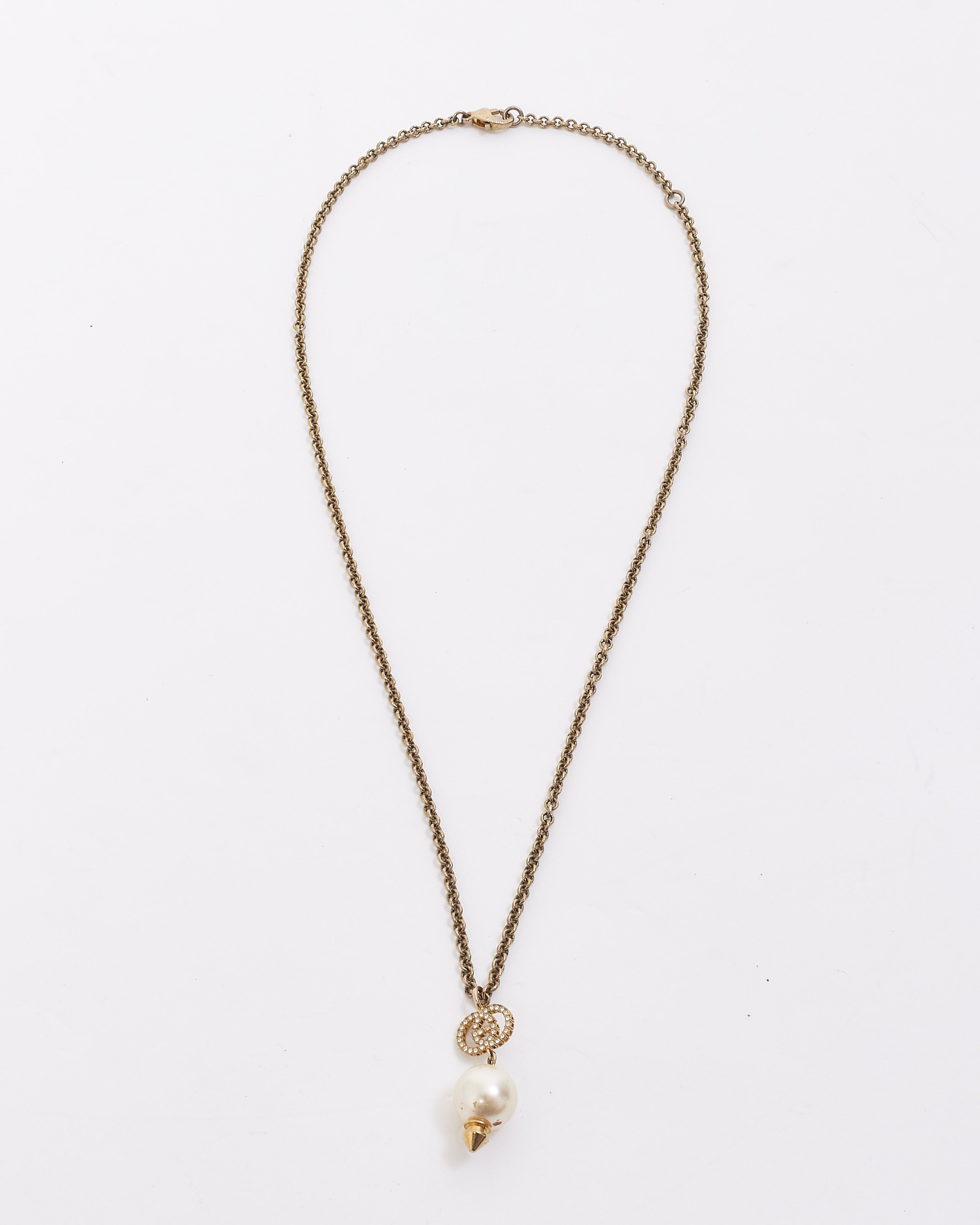 Gucci Gold Finish Metal Interlocking Crystal GG Pearl Necklace