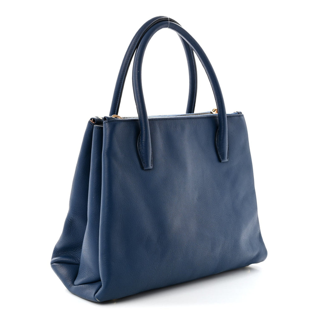 Goatskin Madras Top Handle Double Zip Tote Blue