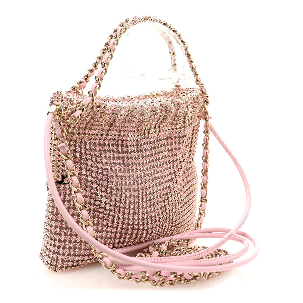 Crystal Embellished Metallic Lambskin Mini Chanel 22 Light Pink