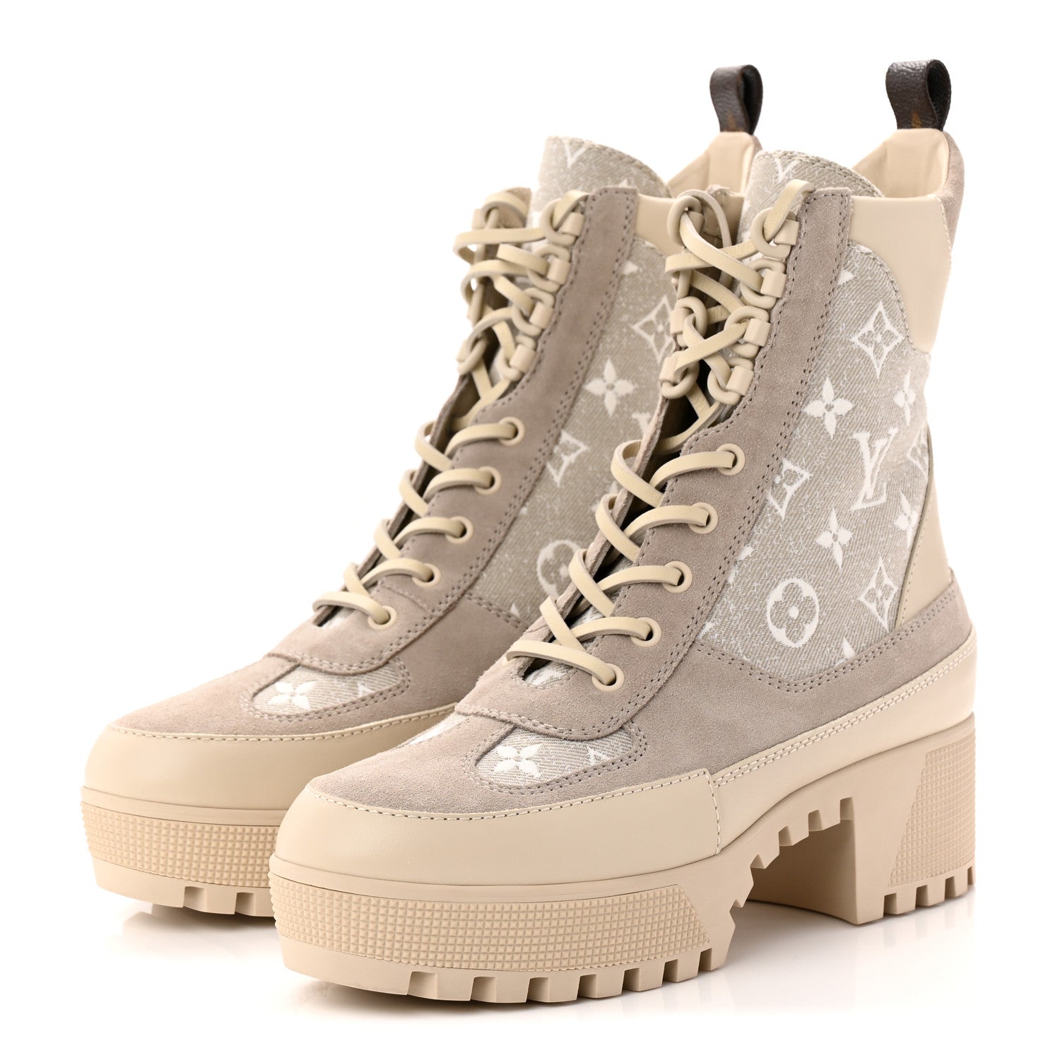 Suede Calfskin Monogram Denim Laureate Platform Desert Boots 38.5 Taupe