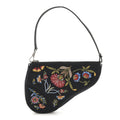 Satin Embroidered Floral Mini Saddle Pochette Bag Black