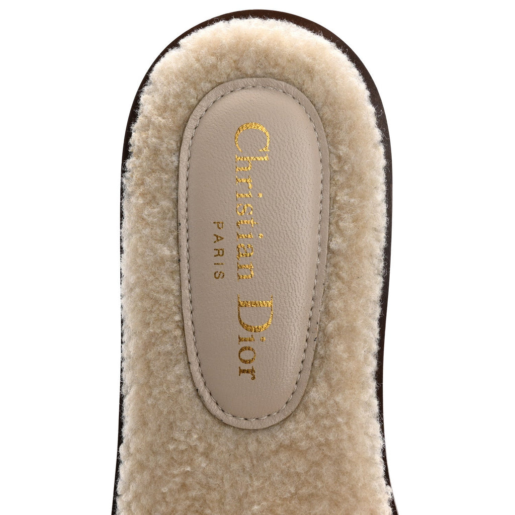 Suede Goatskin Shearling Embroidered Dway Slide Sandals 40.5 Cookie