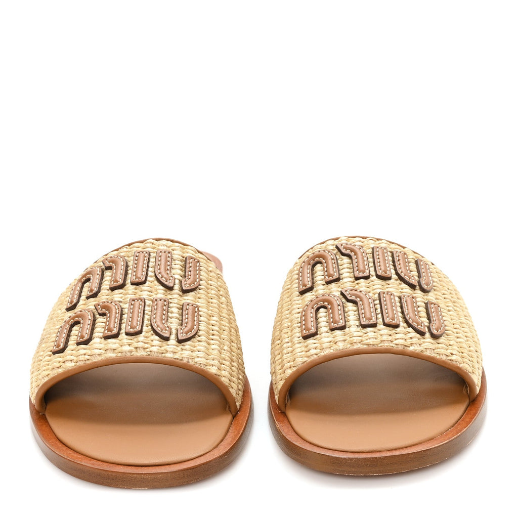 Stuoia Raffia Calfskin Logo Sandals 36 Naturale
