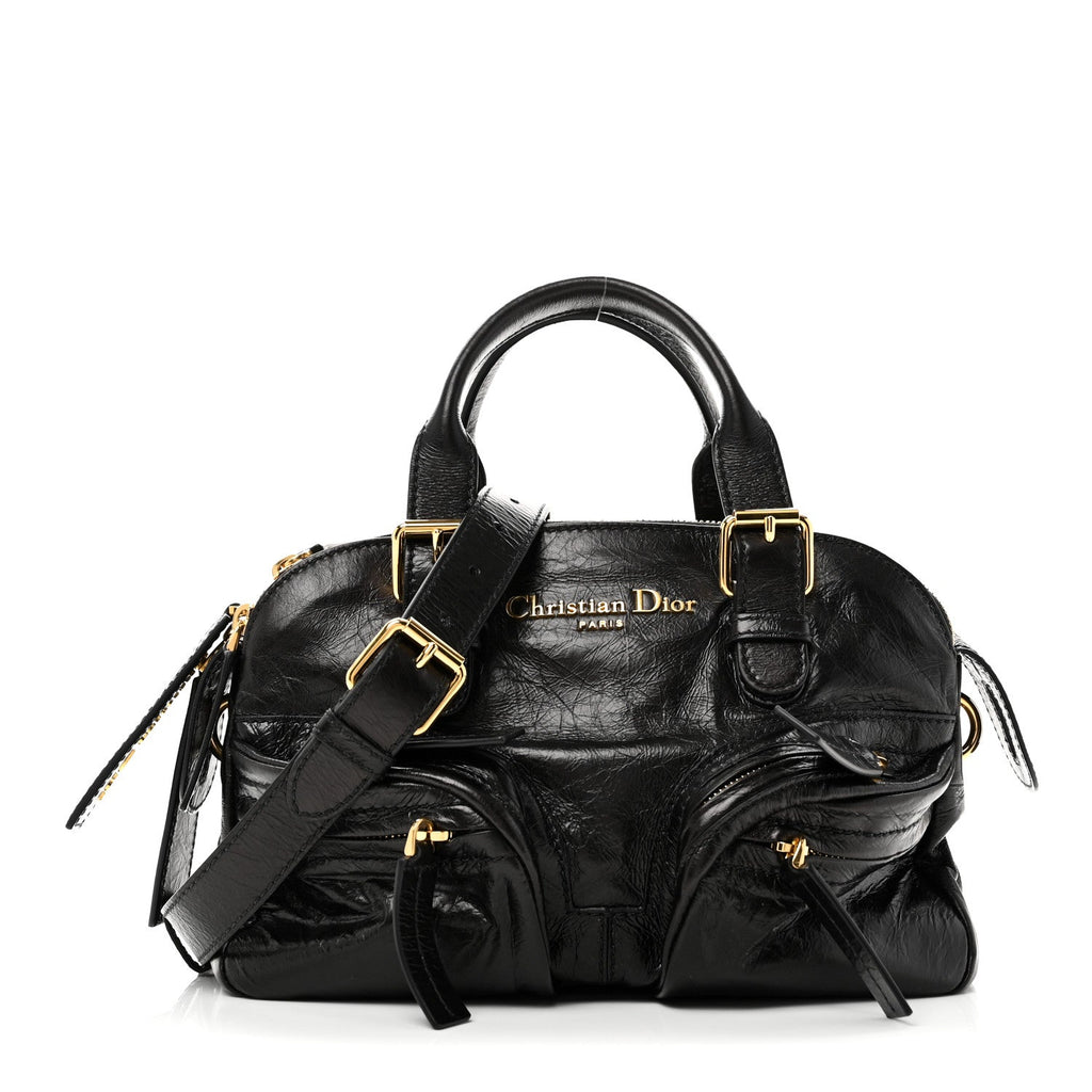 Crinkled Calfskin Small Grand Tour Bowling Bag Black