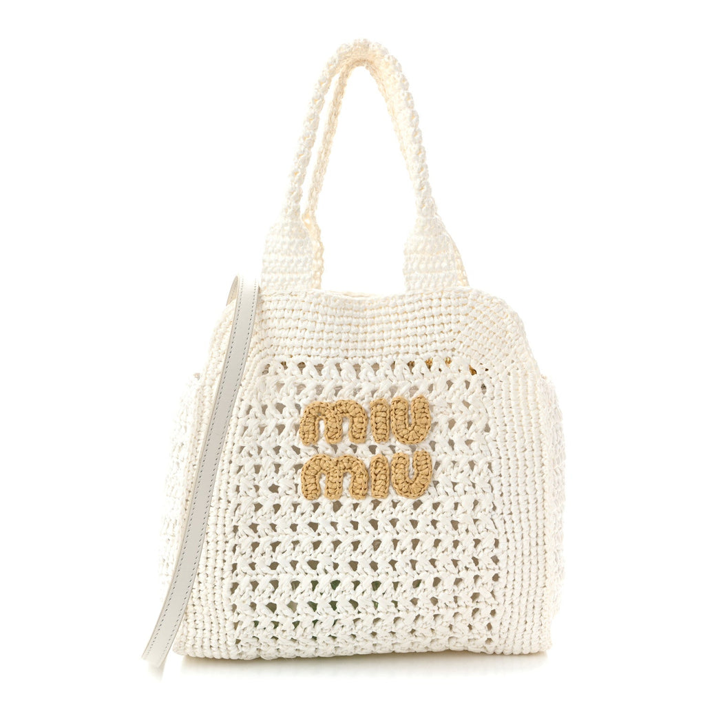 Raffia Crochet Woven Tote Bag White