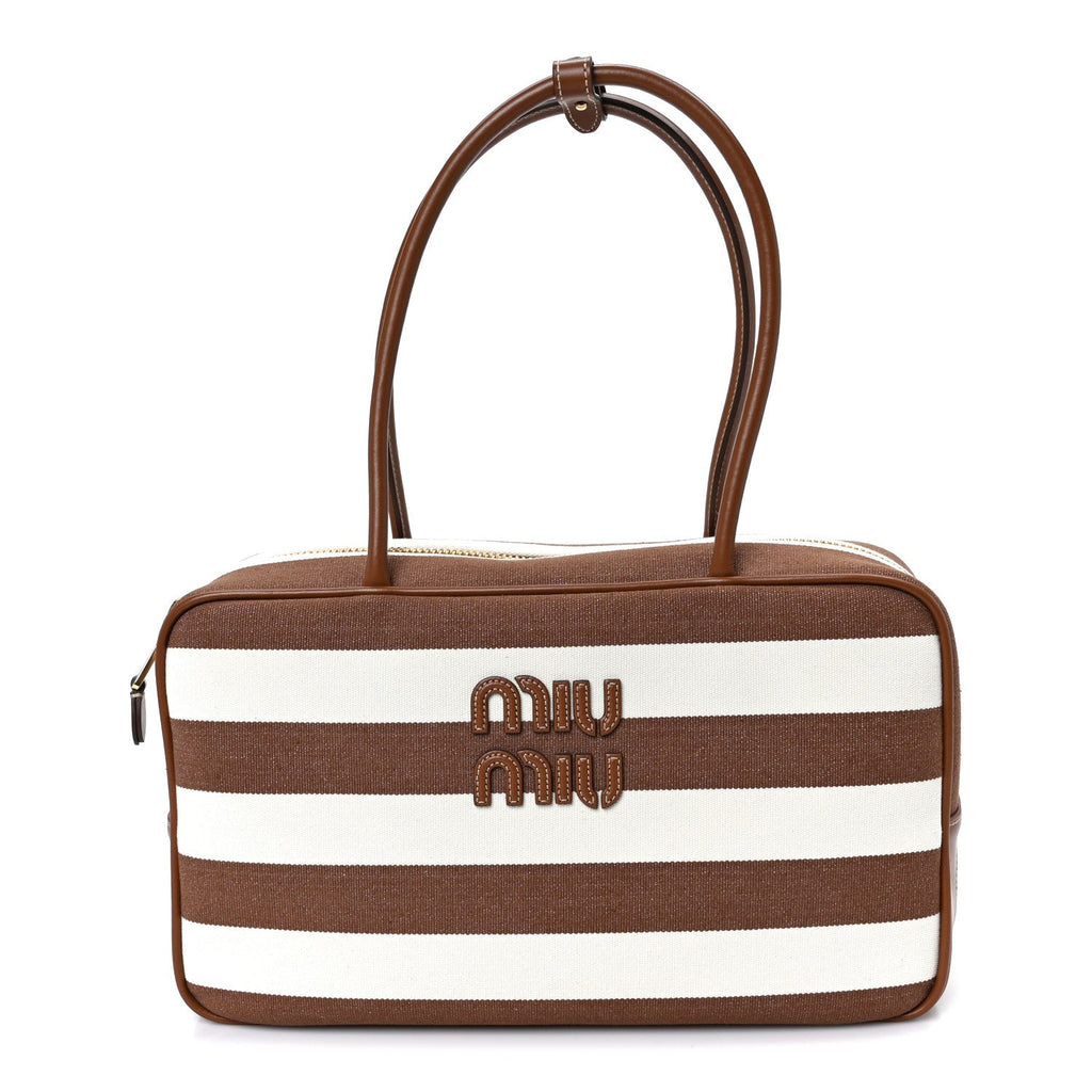 Canvas Calfskin Striped Large Beau Top Handle Bag Naturale Brandy