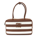 Canvas Calfskin Striped Large Beau Top Handle Bag Naturale Brandy