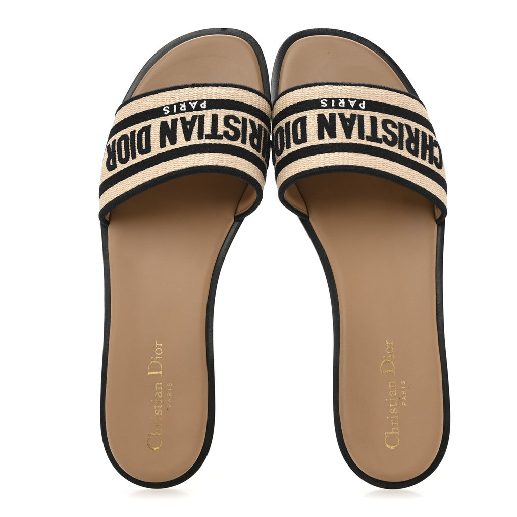 Straw Embroidered Dway Flat Slide Sandals 41 Natural Black