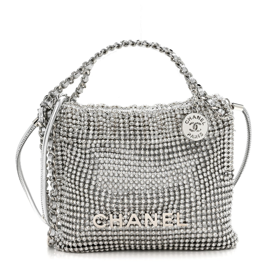 Crystal Embellished Metallic Lambskin Mini Chanel 22 Silver