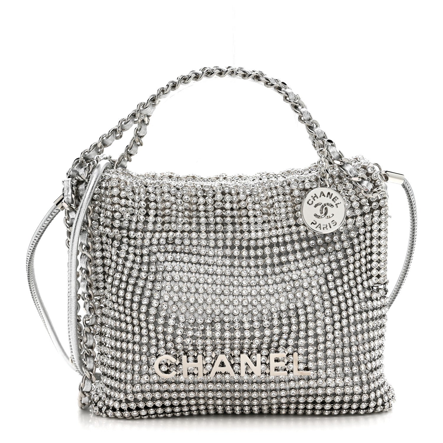 Crystal Embellished Metallic Lambskin Mini Chanel 22 Silver