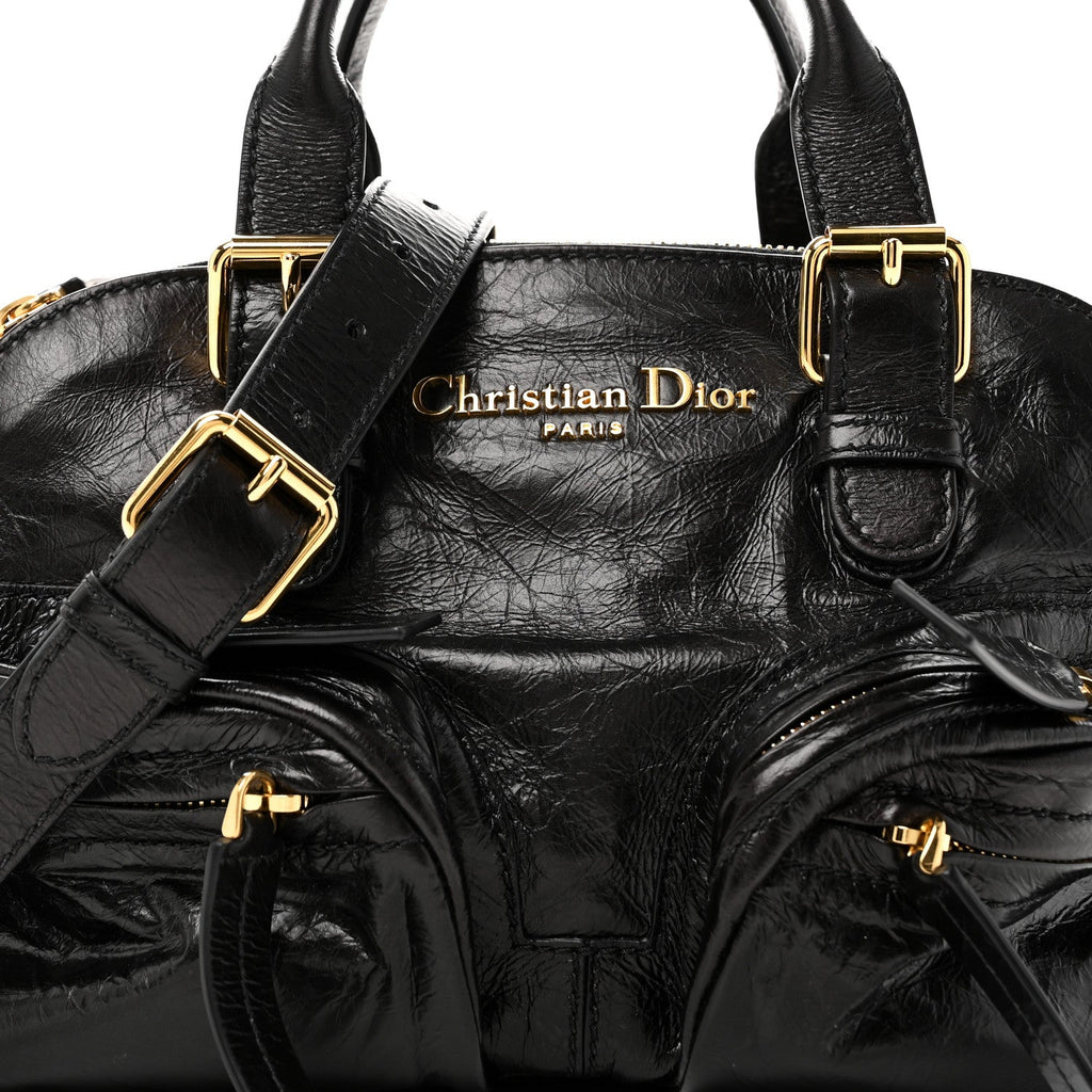 Crinkled Calfskin Small Grand Tour Bowling Bag Black