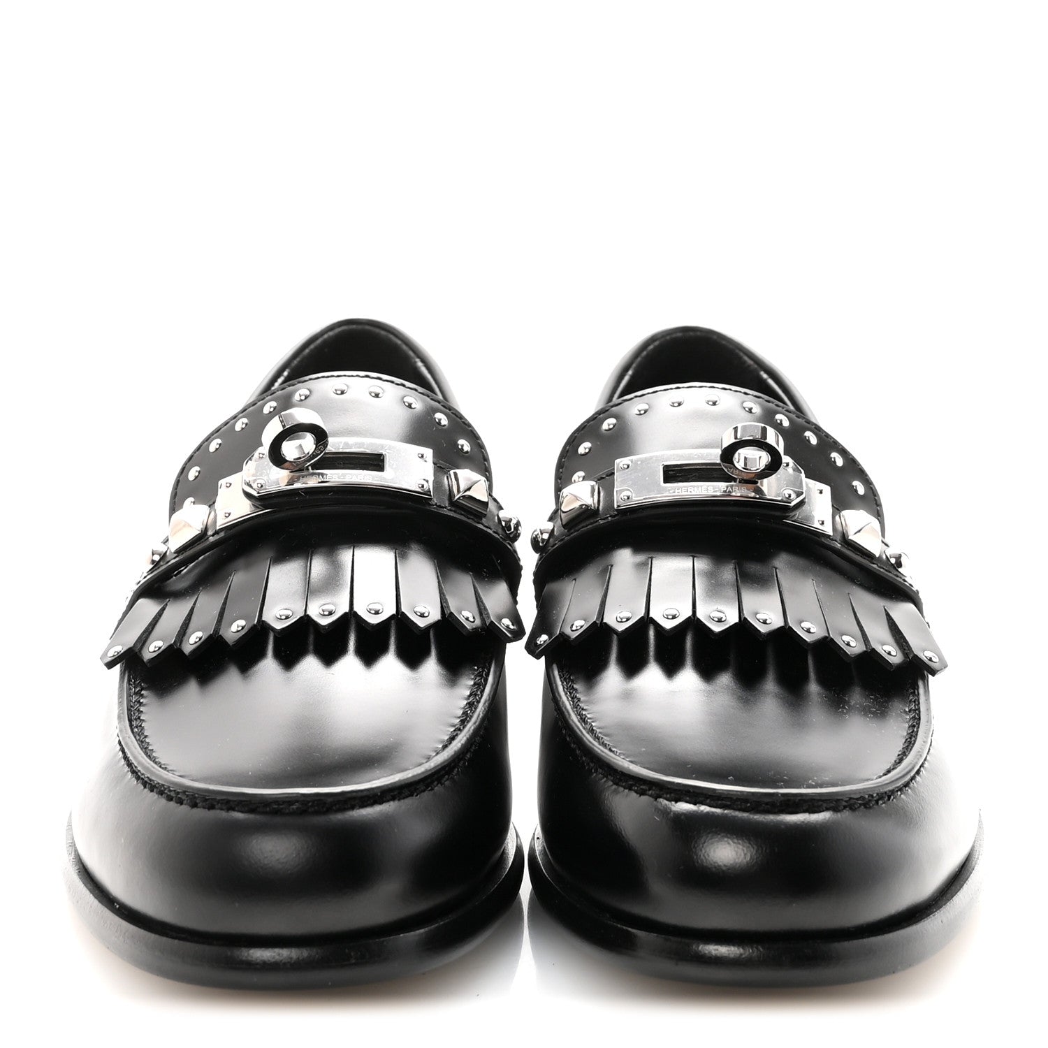 Glazed Calfskin Medor Studded Fringe Womens Destin Loafer 35 Black