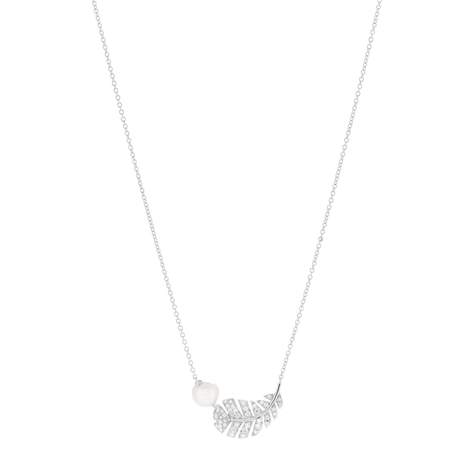 18K White Gold Diamond Cultured Pearl Plume De Chanel Necklace
