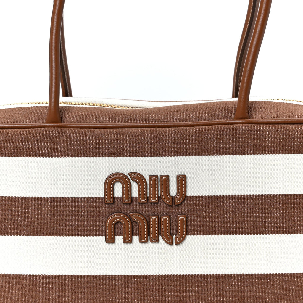 Canvas Calfskin Striped Large Beau Top Handle Bag Naturale Brandy