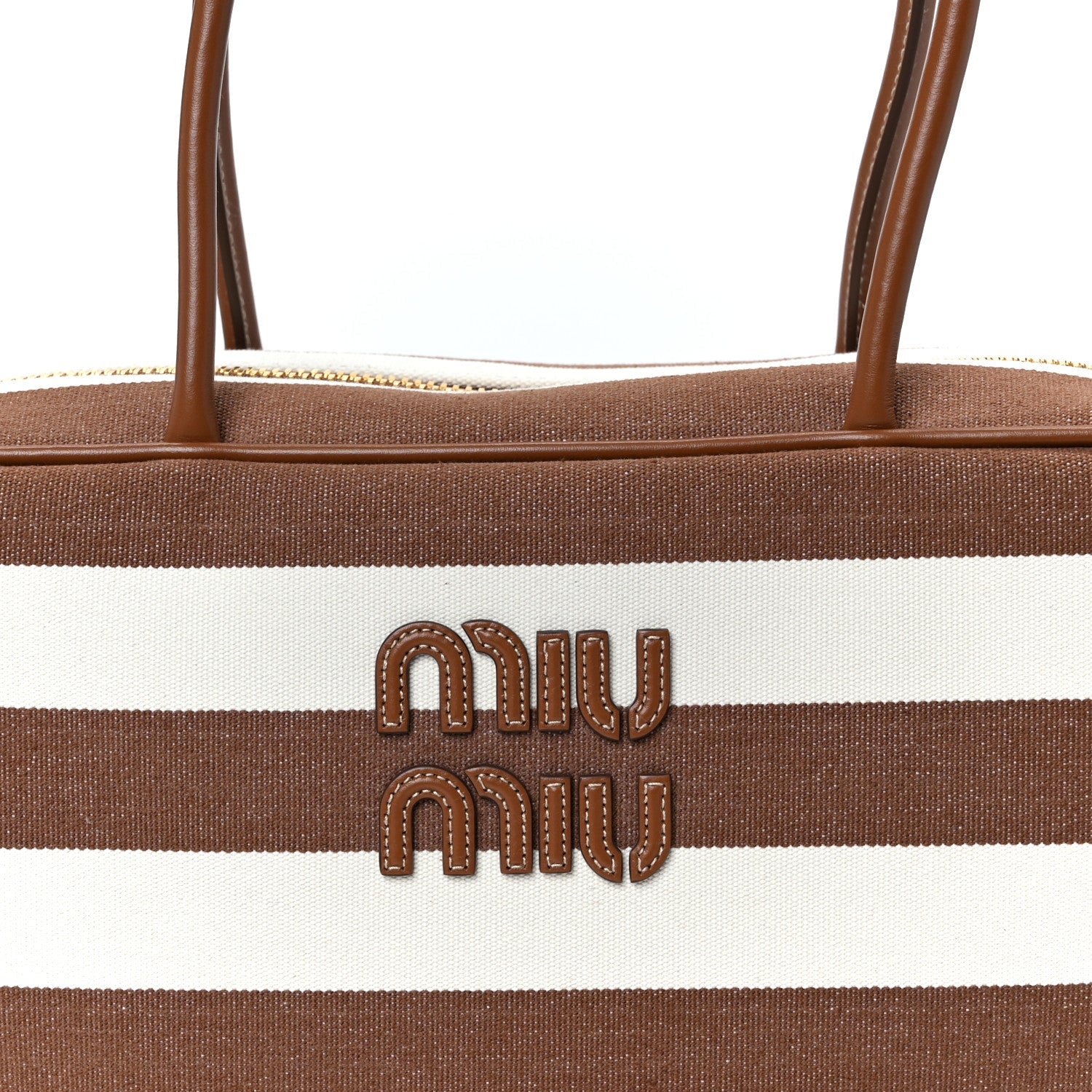 Canvas Calfskin Striped Large Beau Top Handle Bag Naturale Brandy