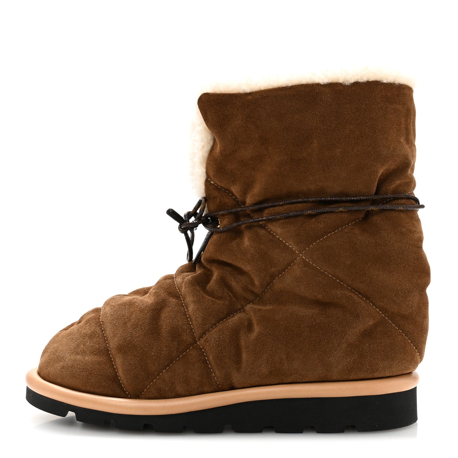 Suede Shearling Quilted Flat Ankle Boot 38 Beige