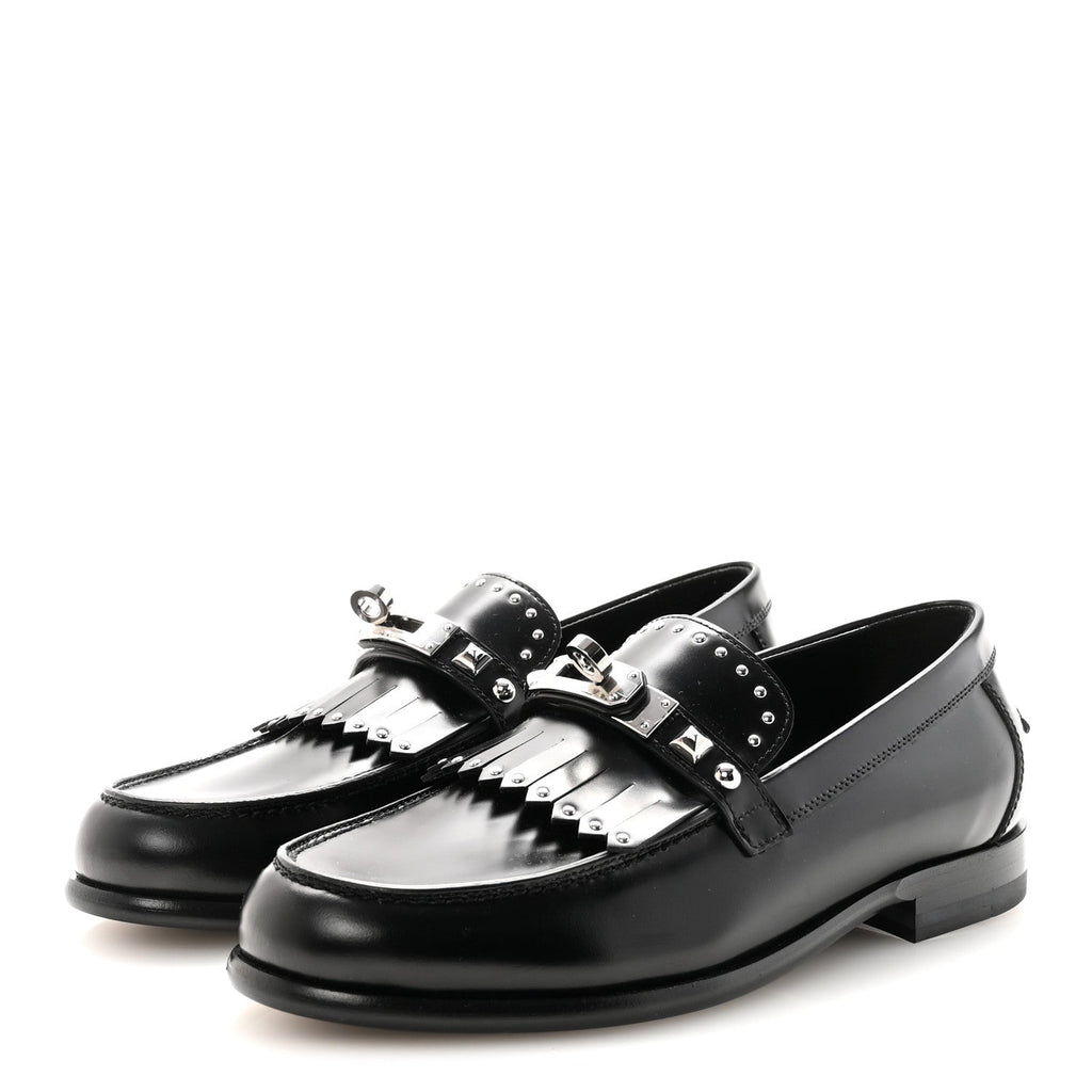 Glazed Calfskin Medor Studded Fringe Womens Destin Loafer 35 Black